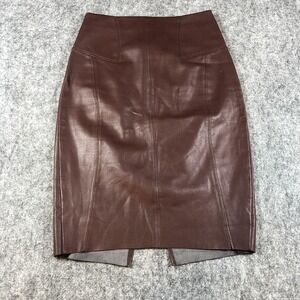 Express Skirt Womens 2 Brown Faux Leather High Waist Pencil Midi Office Chic